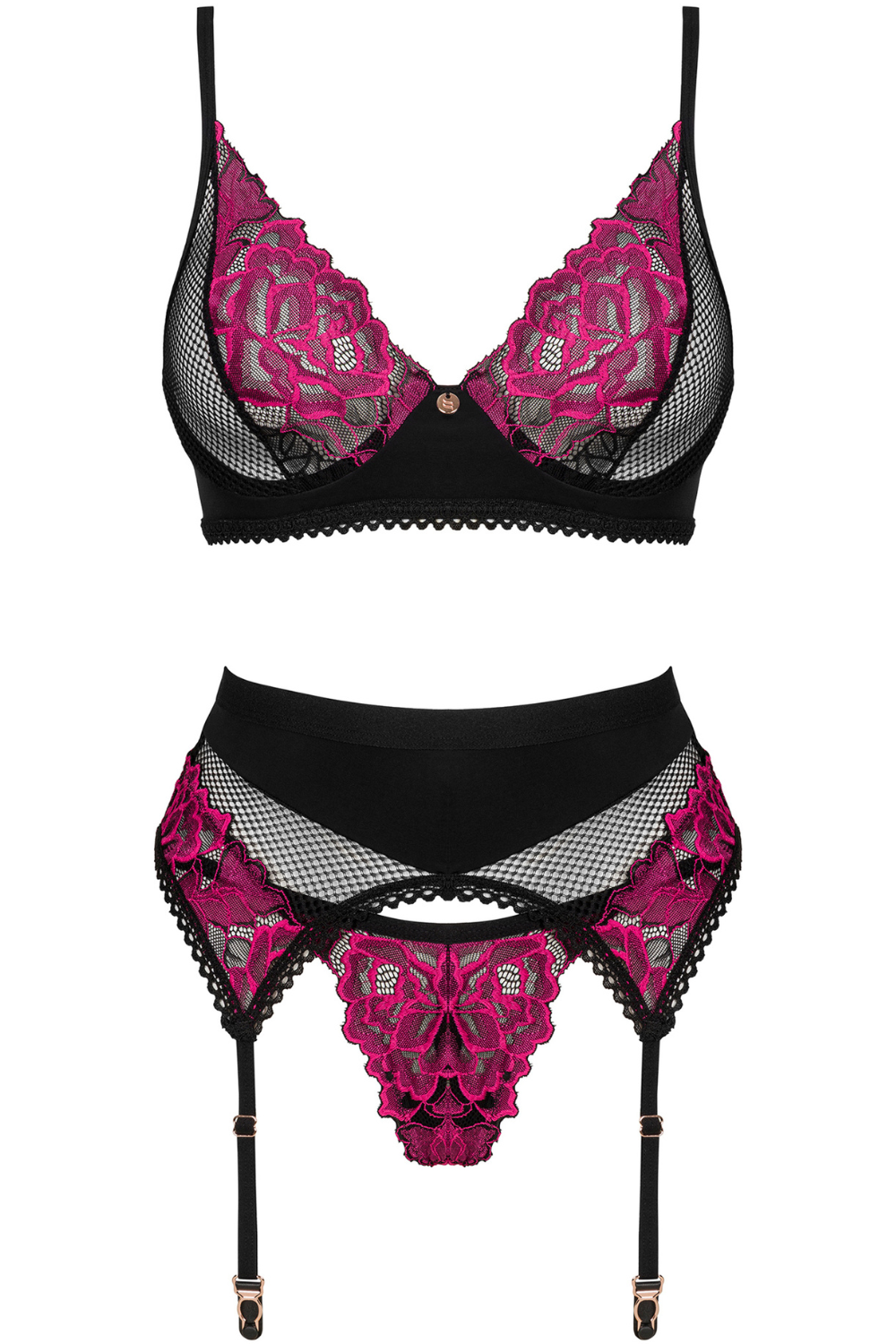 Obsessive Rosenty Bra, Thong & Suspender Black