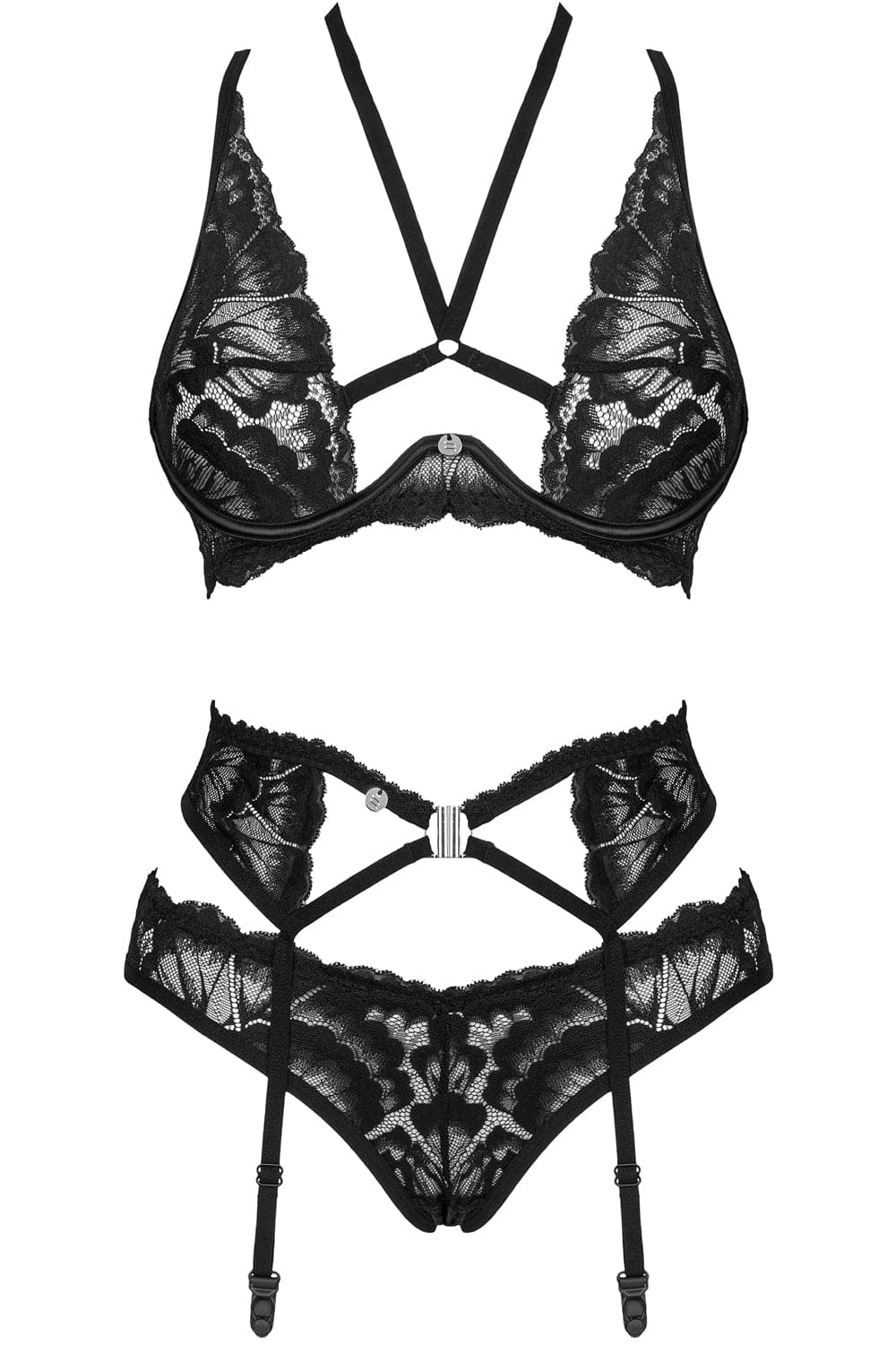 Obsessive Alessya Bra, Brief & Suspender Set Black