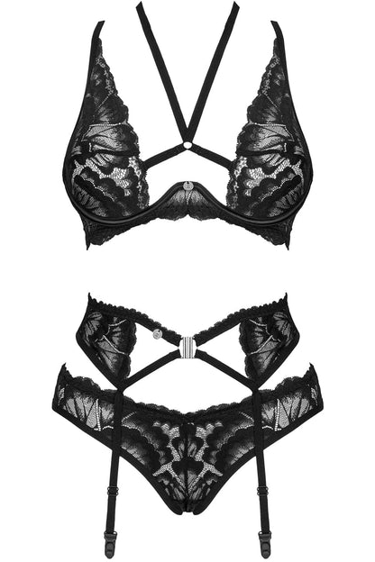 Obsessive Alessya Bra, Brief & Suspender Set Black