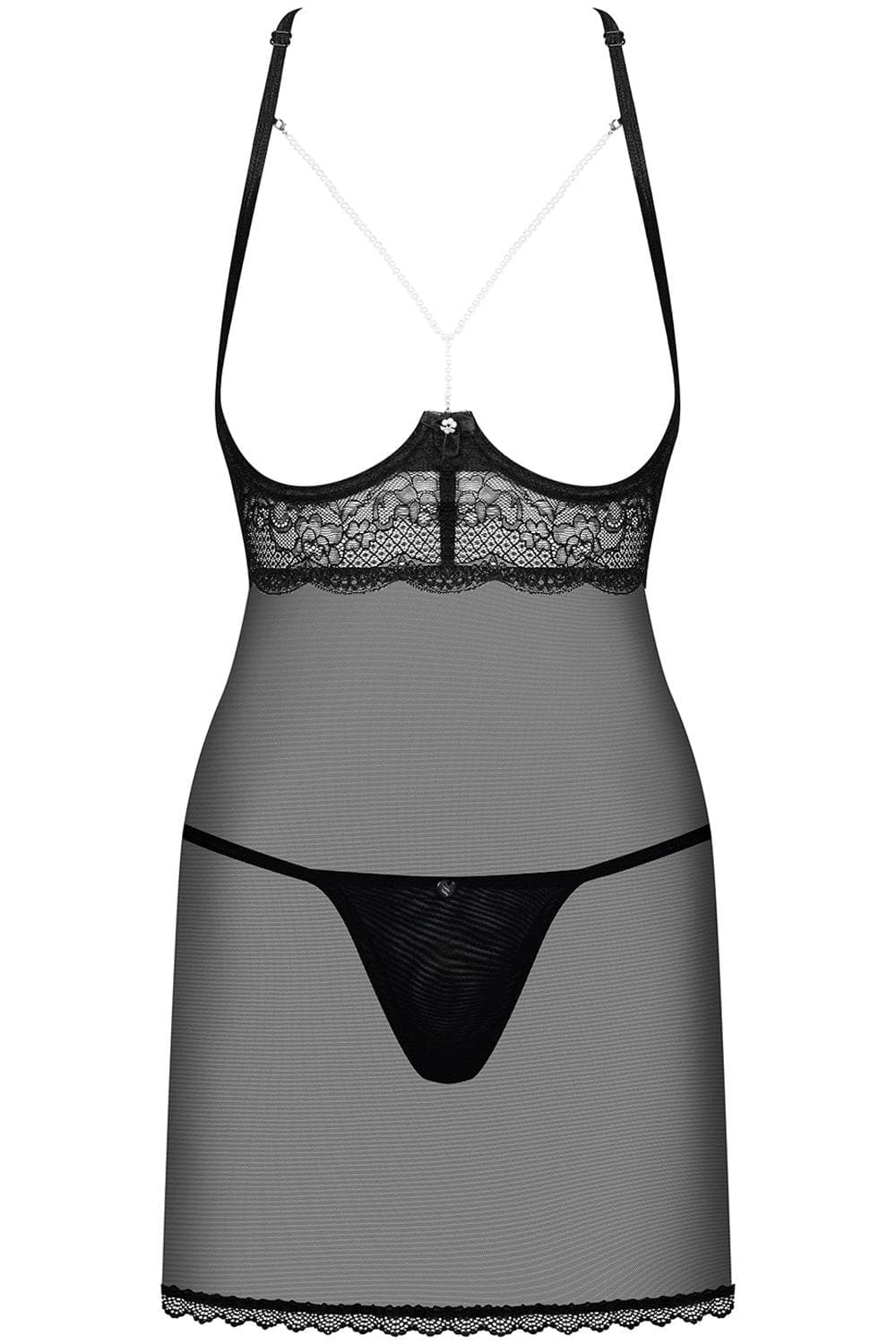 Obsessive Pearlove Black Cupless Chemise & Thong Set